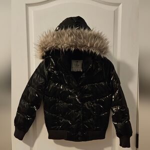 Girls Abercrombie Black Puffer Jacket with Faux Fur Hood